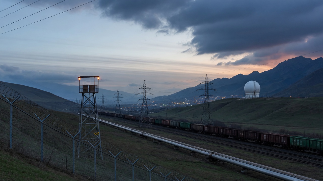 Dawn editorial photo of a South Caucasus security scene with a border fence, watchtower,